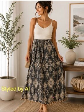 RAGA Boho Maxi Skirt Gray Taupe Medallion Print Pom Pom Boho Trim Size Small